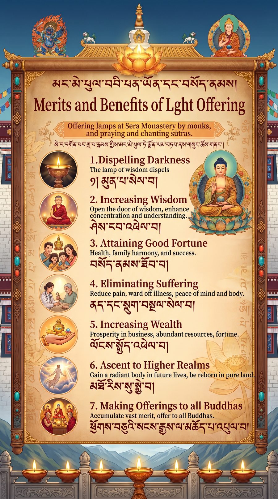 供灯功德七种利益图 · Merits and benefits of light offering at Sera Monastery, Tibetan and English